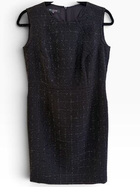 Ecaille Paris Black Textured Shadow Plaid Metallic Tweed Sleeveless Sheath Dress